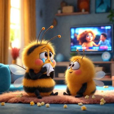 The primary subject of the image is a cartoon-like scene featuring two bees, one of which is holding a tissue to its face. The setting is a living room with a couch and a television in the background. The visual style is a combination of digital art and illustration, creating a whimsical and playful atmosphere. The colors are predominantly yellow and orange, which adds to the cheerful and lighthearted mood of the scene.